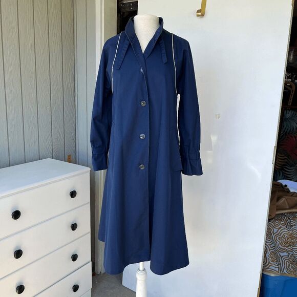 VTG Raindrops by Fleet Street Navy Trench Coat Cream Piping 70s 80s Retro - Picture 6 of 13